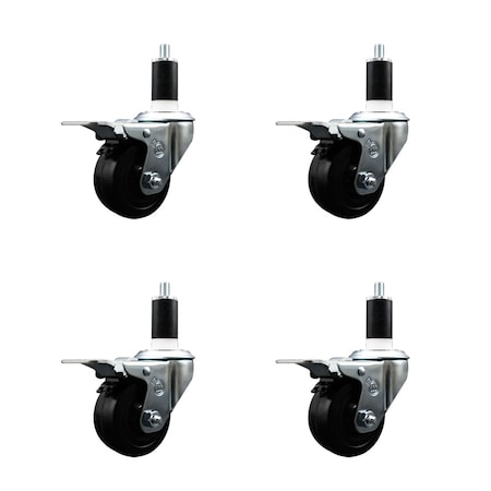 Service Caster 3'' SS Soft Rubber Swivel 1-3/8'' Expanding Stem Caster Set Total Lock Brake, 4PK SCC-SSEXTTL20S314-SRS-138-4